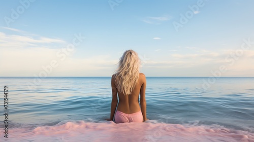 Young woman meditating on the beach. AI generated image. © yekaterinalim