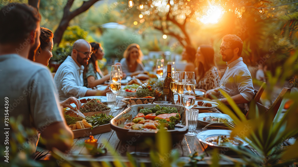 Group of friends and colleagues gathered in a tranquil garden, indulging in a delightful lunch under the warm sun - obrazy, fototapety, plakaty 