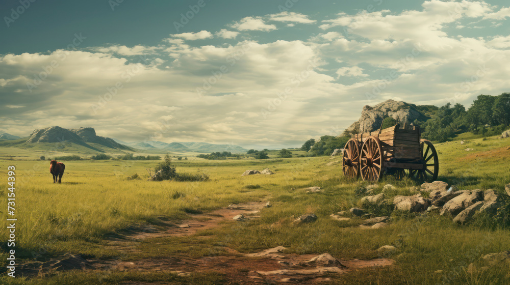 Obraz premium Art rural landscape, ox cart on a rocky road in the middle of a meadow. Generative AI