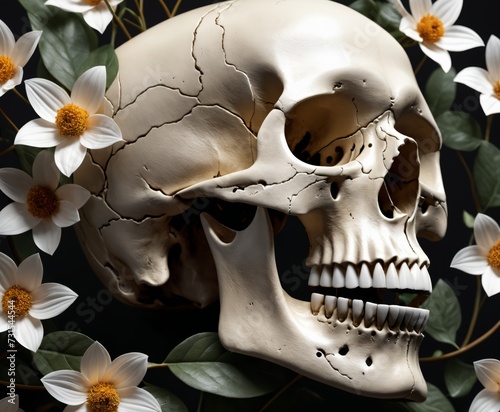 a skull with a flowers growing from it