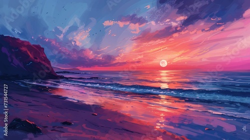  sunset painting with the ocean on the coast illustration generative Ai 