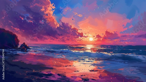  sunset painting with the ocean on the coast illustration generative Ai 