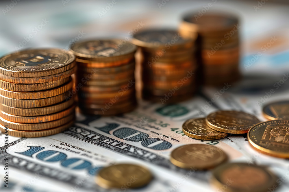 Detailed view of ascending coin stacks foregrounding the financial success concept with out of focus investment charts in the background. Detailed view of ascending coin stacks foregrounding the financial success concept with out of focus investment charts in the background.