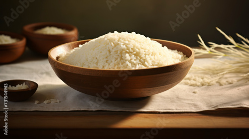 A bowl of rice on the dining table. Generative AI