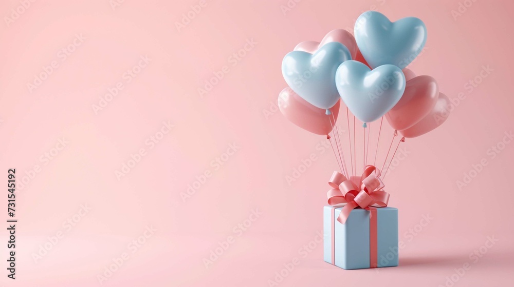 
Valentine surprise. Heart balloons with blue gift box on pastel pink background.