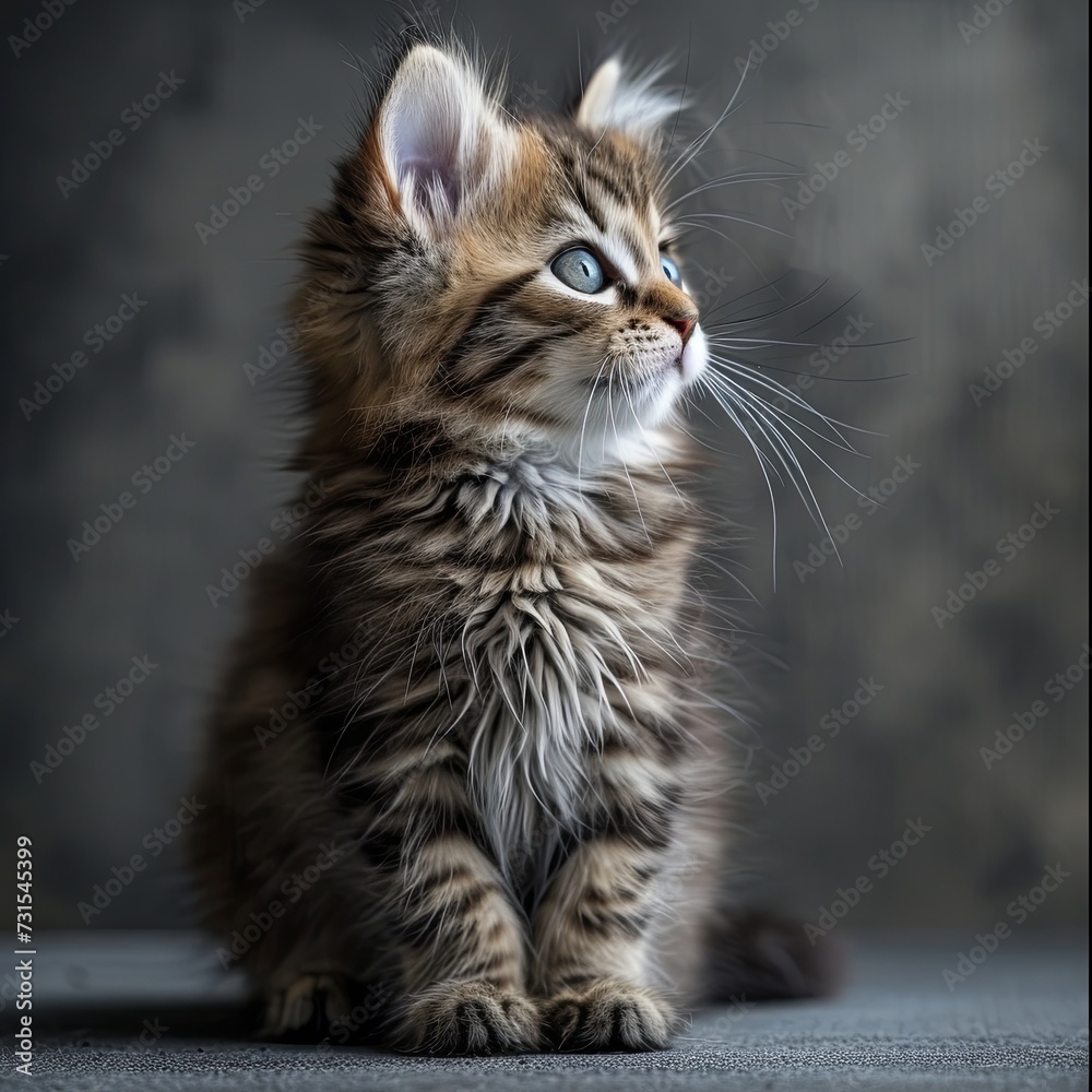 Little fluffy kitten on a gray background