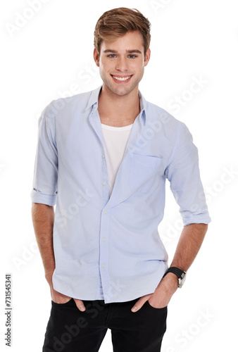 Man, shirt and fashion with studio portrait, smile and confidence with trendy style by white background. Person, model and jeans with clothes, happy or garments in casual outfit with pride in Sweden