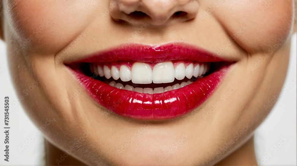 Perfect white teeth and red lips, close up, female veneer smile, dental care and stomatology, dentistry
Perfect white teeth and red lips, close up, female veneer smile, dental care and stomatology, dentistry