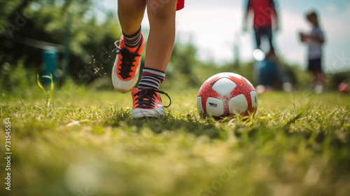 Close up photograph of a kid playing soccer, zoomed in on the shoes and soccer ball, fresh and bright color, on a grass field. Generative AI