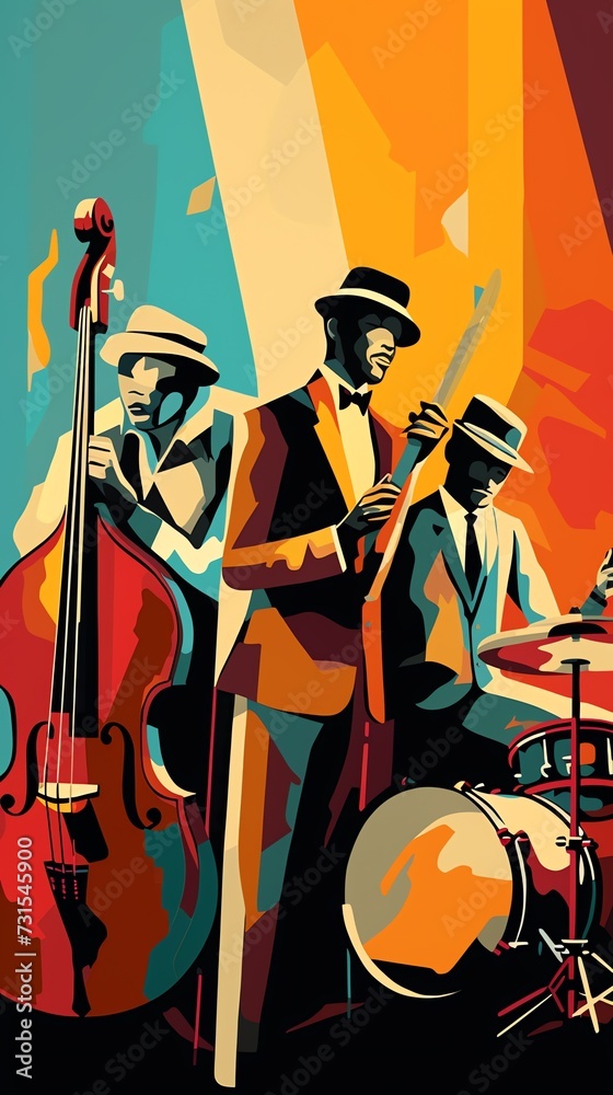 Fototapeta premium Invite template for Jazz night. Jazz band in art deco graphic style. AI generated image.