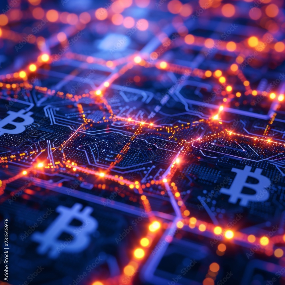 Macro shot of a circuit board with Bitcoin symbols and glowing connections, representing cryptocurrency technology and blockchain network.