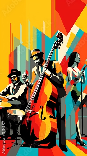 Invite template for Jazz night. Jazz band in art deco graphic style. AI generated image.