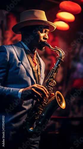 Invite template for Jazz night. Jazz man playing saxophone. AI generated image.