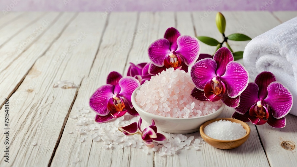 Banner Spa cosmetic and beauty treatment concept. Pink spa sea salt and purple orchid on white wooden background, copy text