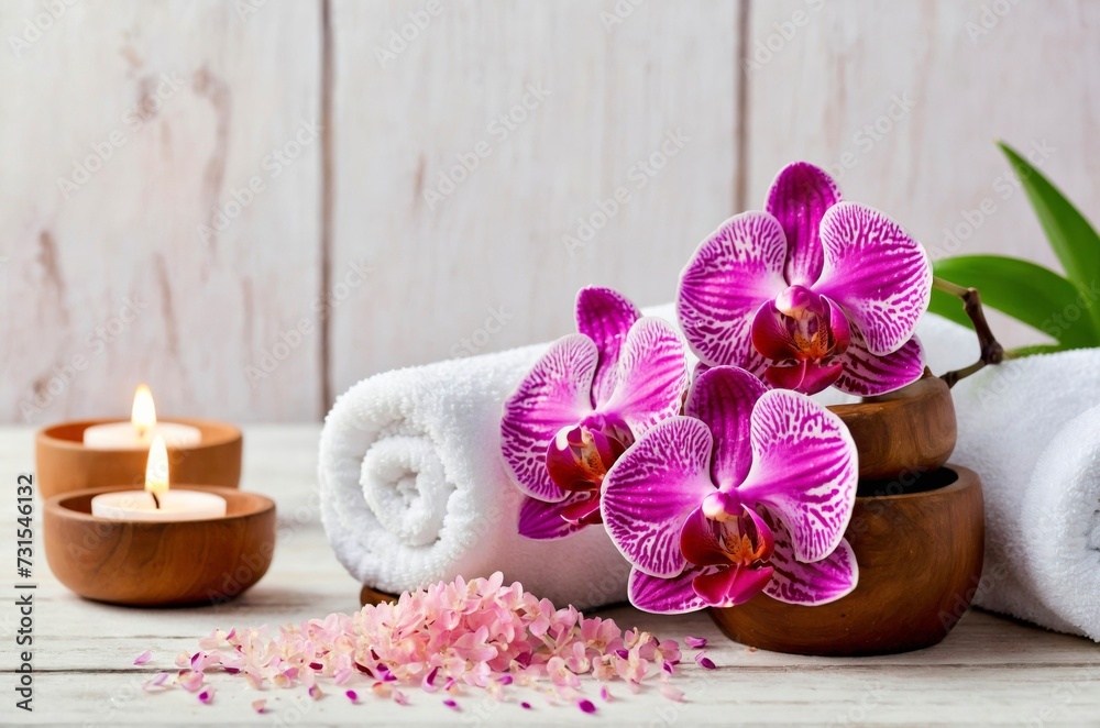 Spa cosmetic and beauty treatment concept. Pink spa sea salt, white towel, aroma candle and purple orchid on white wooden background, copy text Spa cosmetic and beauty treatment concept. Pink spa sea salt, white towel, aroma candle and purple orchid on white wooden background, copy text