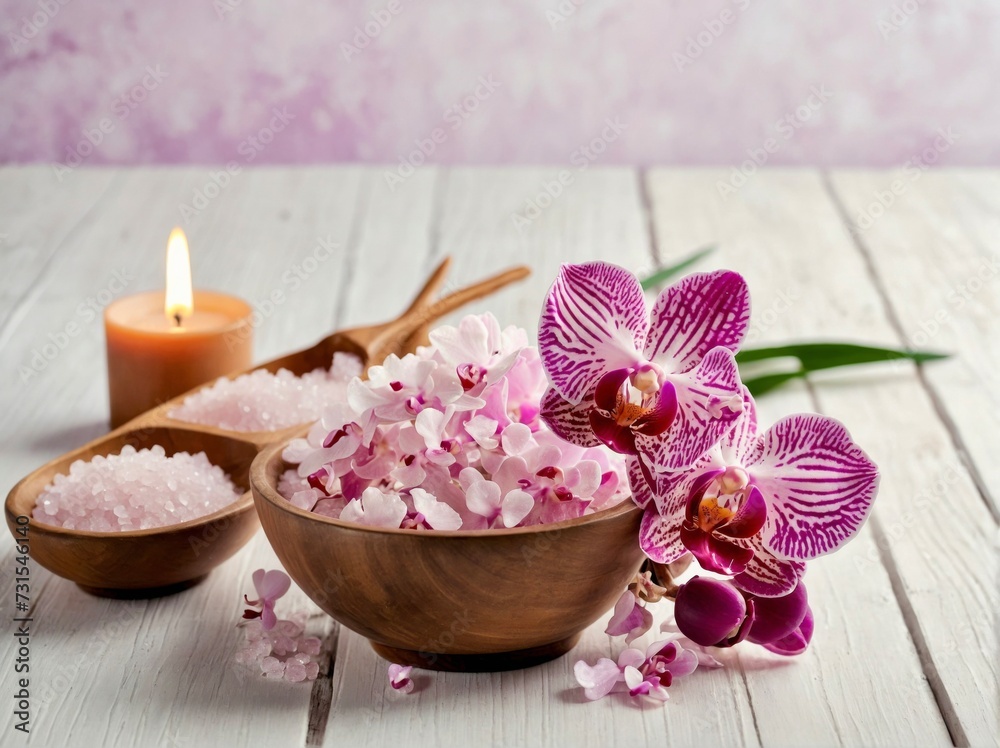 Spa cosmetic and beauty treatment concept. Pink spa sea salt, aroma candle and purple orchid on white wooden background Spa cosmetic and beauty treatment concept. Pink spa sea salt, aroma candle and purple orchid on white wooden background