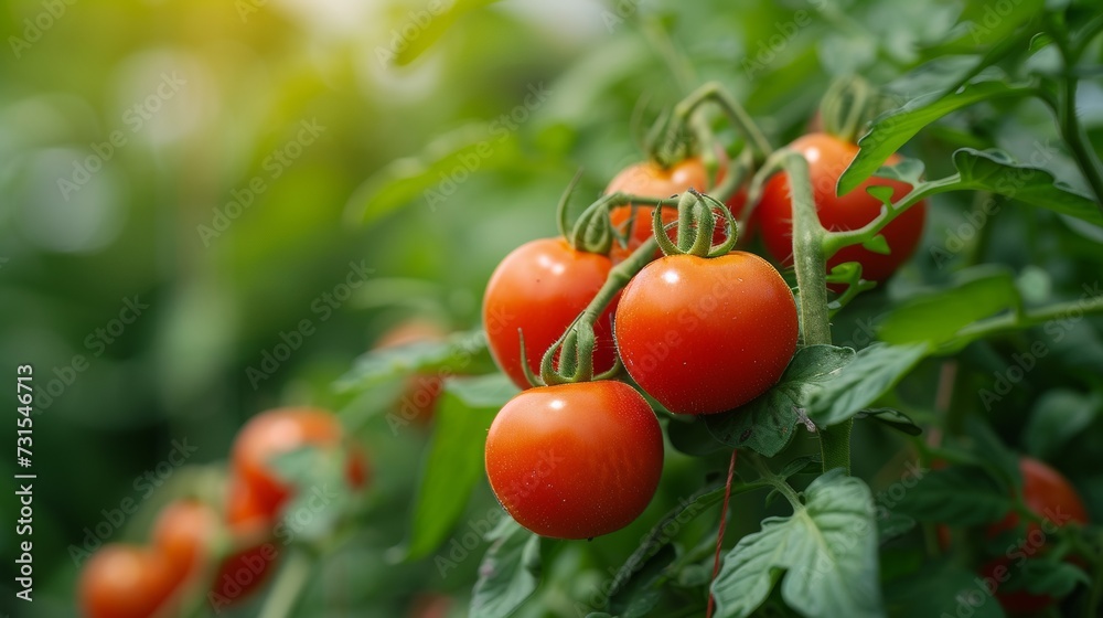 A lush tomato plant is in the center. Full of life and vitality while piles of ripe red tomatoes hung proudly from the green branches. Picture of tomato plants blooming