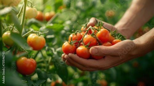 A lush tomato plant is in the center. Full of life and vitality while piles of ripe red tomatoes hung proudly from the green branches. Picture of tomato plants blooming