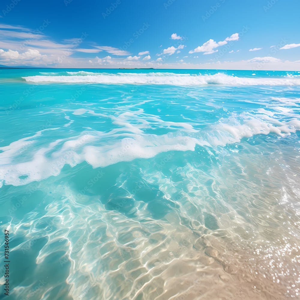 Liquid turquoise creating waves on a solid, sandy beach with crystal clear water