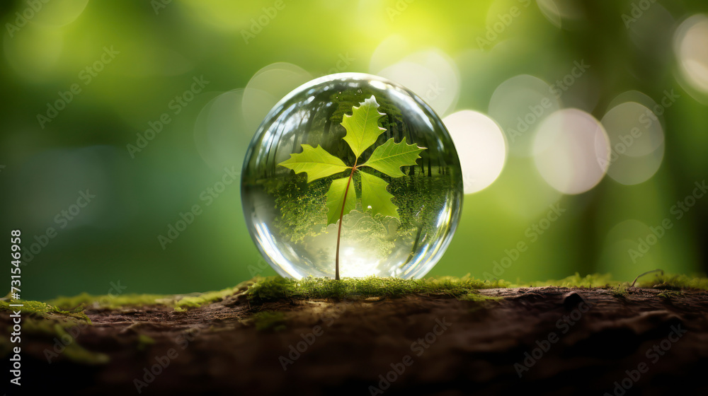 Glass globe ball, tree growing and green nature blur background. Eco earth day concept. Generative AI