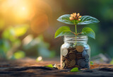 a plant growing in a glass jar filled with coins on a wooden table, symbolizing the concepts of saving money, investment growing money, and the idea of financial growth.