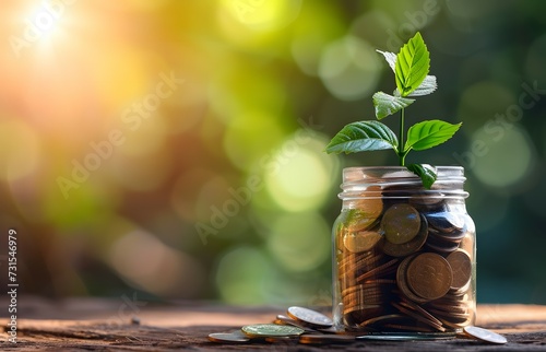 a plant growing in a glass jar filled with coins on a wooden table, symbolizing the concepts of saving money, investment growing money, and the idea of financial growth.