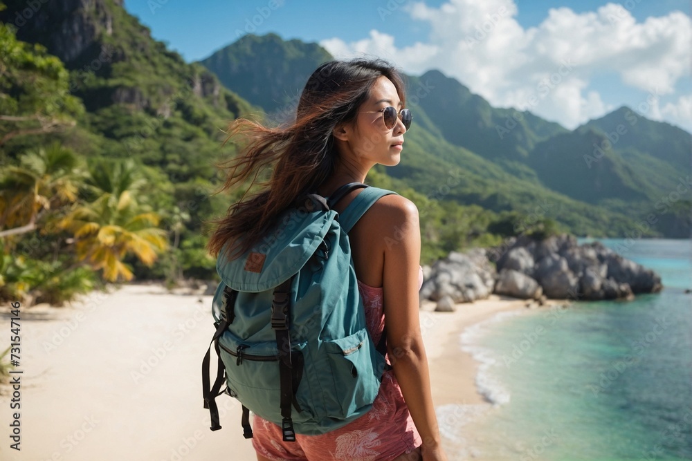 Woman carries a backpack to a tropical island and relaxes on a mountaintop on a sunny summer day.