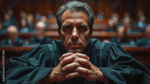 judge Sitting in a Courtroom With Folded Hands