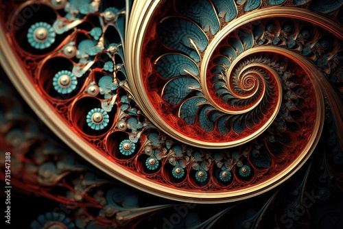 Intricate Fractal Art Depicting a Spiraling Ornamental Design with Jewel Tones