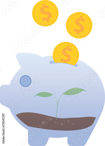 Sprout with coin inside a glass piggy bank: savings and return on investement concept
