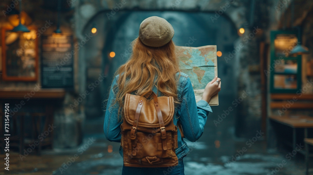 Woman With Backpack Studying Map