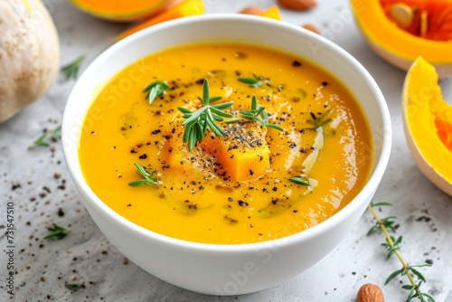 Close up top view of white bowl with pumpkin and butternut squash soup on a marble background