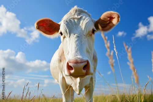 Close up photo of a cow in grass under a blue sky