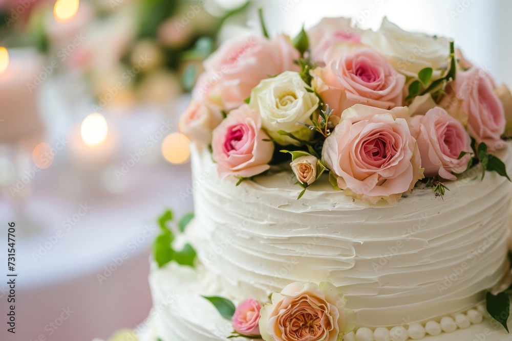 Wedding cake with cream cheese layers and floral decorations