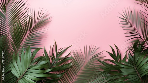 Pink background with tropical palms leaves with empty space for text. AI generated image.