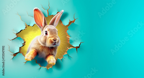 Easter rabbit, easter Bunny. Easter humor with colorful rabbit jumping in to spring. Blue, teal, purple colours on gradient background. Easter copy space for text illustration by Vita