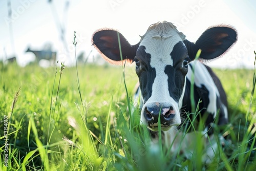 Cow grazing in open field while muzzle approaches camera under a sunny summer sky photo