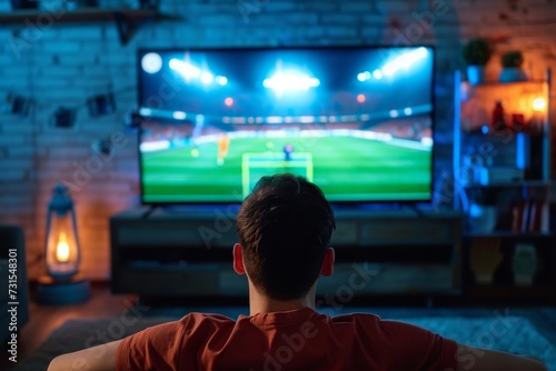 Sport and entertainment concept Football game on wide flat screen at home