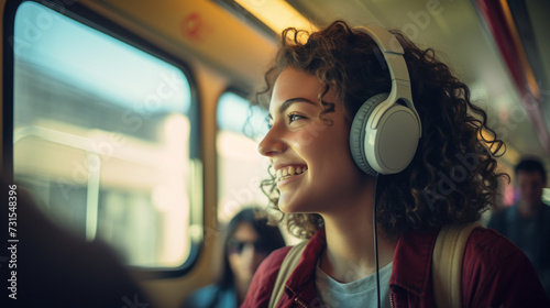 Young women wearing headphone listening to music inside a train. © Shanorsila