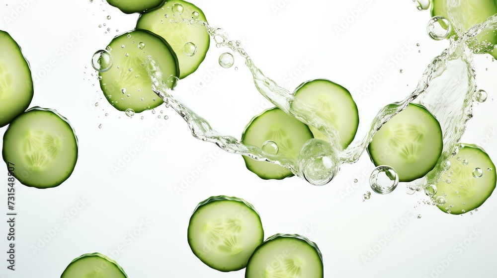 Cucumber slices floating in the crystal clear water. AI generated image. Cucumber slices floating in the crystal clear water. AI generated image.