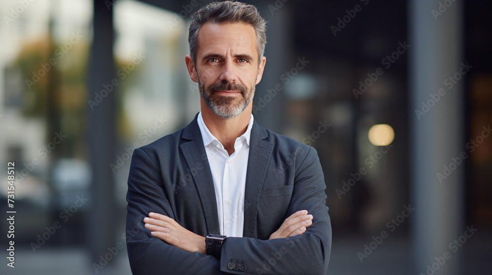 © Shanorsila - Smiling middle aged male businessman standing with crossed arms, looking at camera. © Shanorsila - Smiling middle aged male businessman standing with crossed arms, looking at camera.