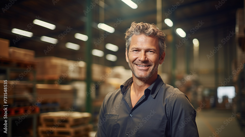 Smiling middle aged man in a warehouse Smiling middle aged man in a warehouse