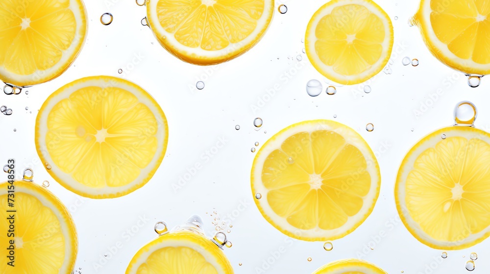 Lemon slices floating in the crystal clear water. Refreshment concept. AI generated image. Lemon slices floating in the crystal clear water. Refreshment concept. AI generated image.