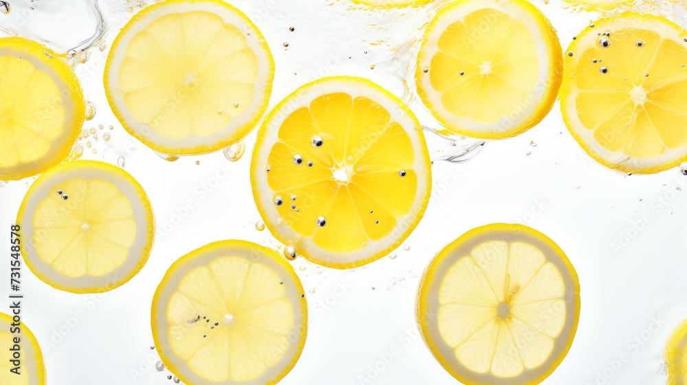 Lemon slices floating in the crystal clear water. Refreshment concept. AI generated image. Lemon slices floating in the crystal clear water. Refreshment concept. AI generated image.
