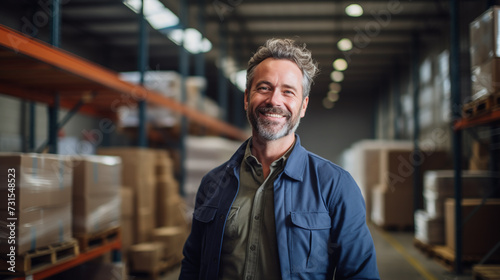Smiling middle aged man in a warehouse