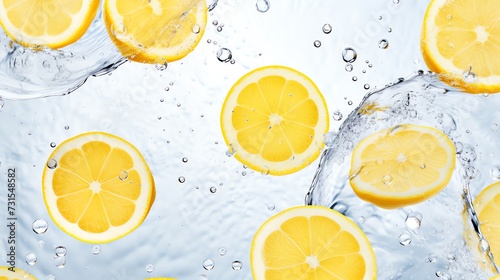 Lemon slices floating in the crystal clear water. Refreshment concept. AI generated image.
