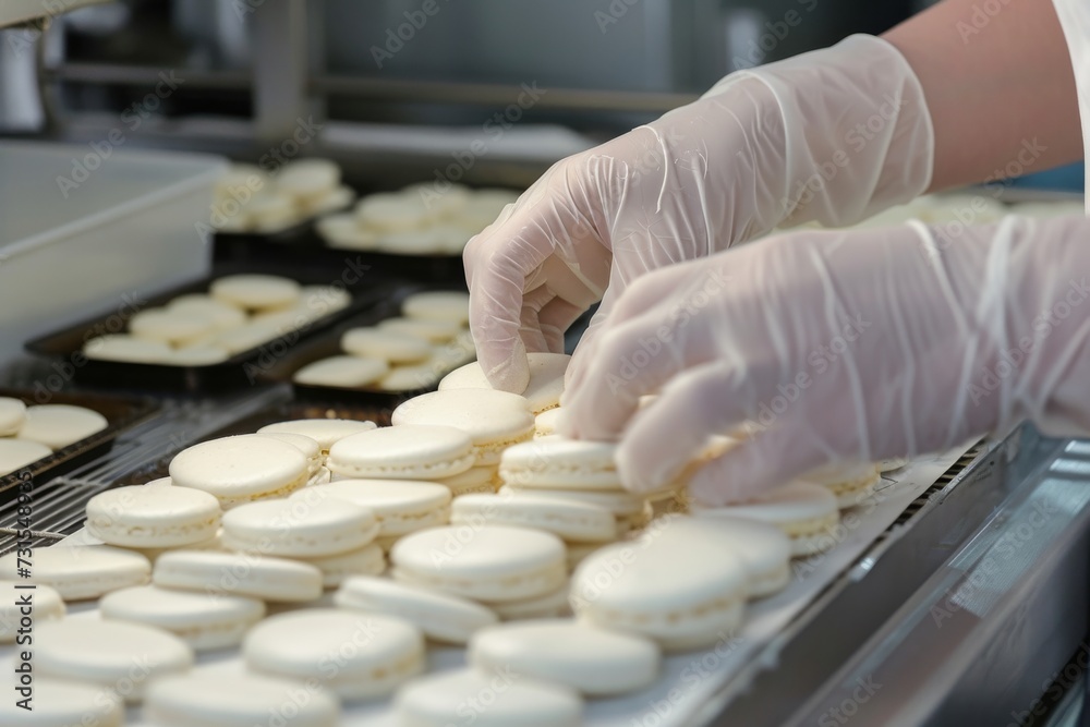 Mass or volume production of macarons a French dessert involves shaping the dough using a cooking bag Mass or volume production of macarons a French dessert involves shaping the dough using a cooking bag