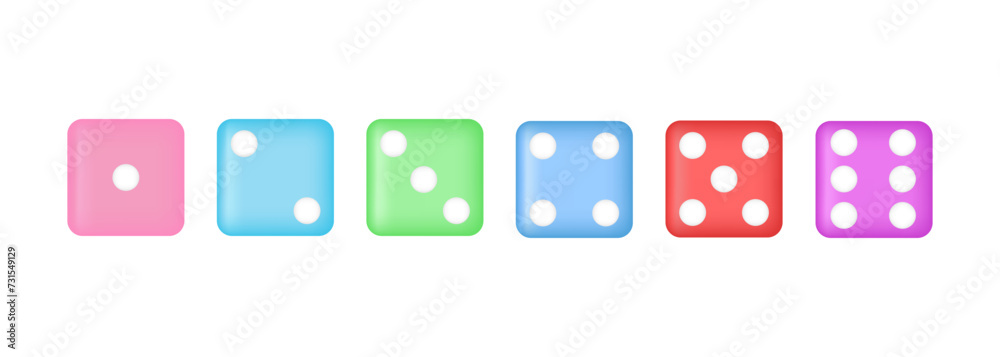 Dice 3d color render. Casino game icon. Poker bet label. Win jackpot design. Cube sign. Competition game banner. Success number. Backgammon gaming 2, 3,5. Entertainment tag. Vector illustration