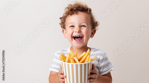 Little boy happily eating french fries in paper cup.