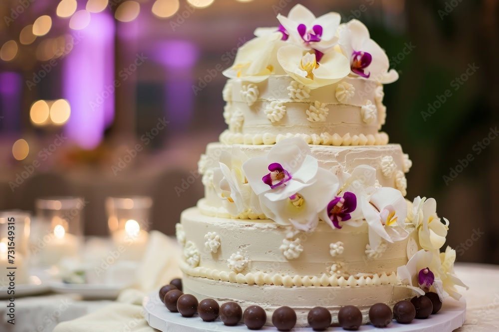 Decorated white wedding cake with orchids and chocolate balls Decorated white wedding cake with orchids and chocolate balls